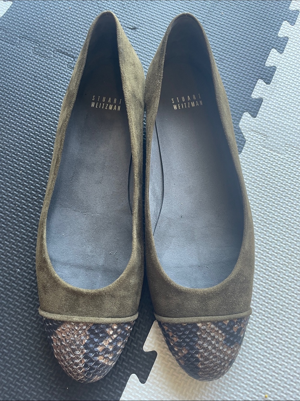 Stuart Weitzman Olive Suede Flats with Brown Snake-Print Toe
